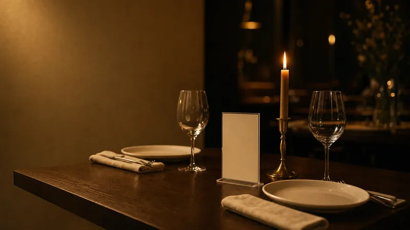Gedeckter Restauranttisch am Abend mit zwei Tellern, Weingläsern, Kerze im Messingleuchter und einem leeren Acryl-Tischaufsteller in der Mitte