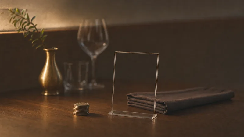 Alternative zu resmio Kleiner Münzstapel neben einem leeren Acryl-Aufsteller und einer gefalteten Serviette auf einem Restauranttisch