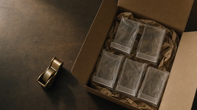 Aufsteller für mehrere Standorte Offener Karton mit mehreren eingepackten Acryl-Aufstellern auf Packpapier