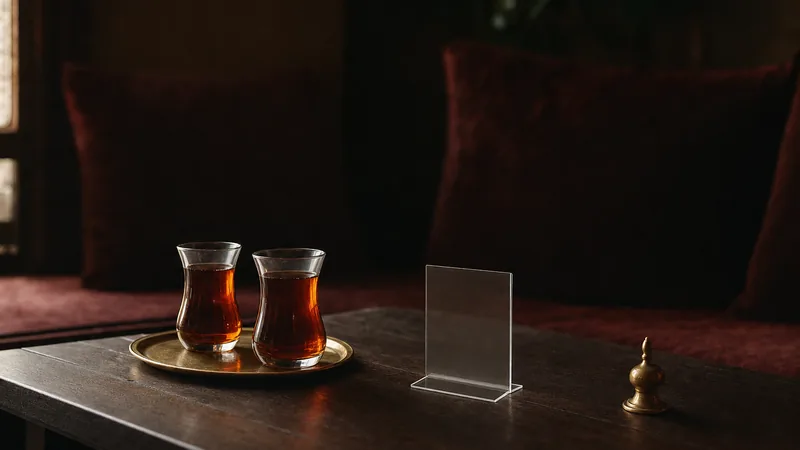 Digitale Speisekarte für die Shisha-Bar Niedriger Loungetisch mit zwei Teegläsern auf einem Messingtablett und einem leeren Acryl-Aufsteller, im Hintergrund unscharfe Samtkissen