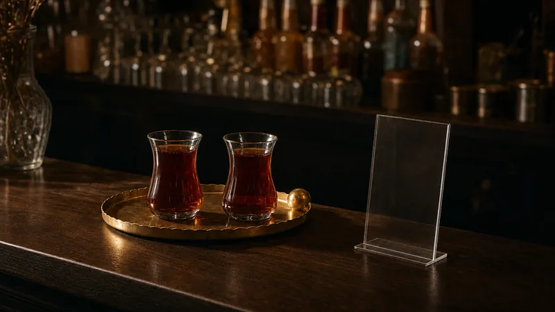 Tresen einer Shisha-Bar mit Getränken Dunkler Holztresen einer Lounge mit unscharfen Gläsern im Hintergrund, vorne ein Messingtablett mit Teegläsern und einem leeren Acryl-Aufsteller