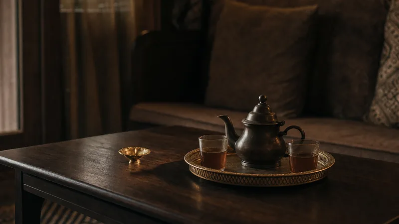 Getränke in der Shisha-Lounge Messingtablett mit Teekanne und zwei Teegläsern auf einem dunklen Loungetisch im warmen Lampenlicht