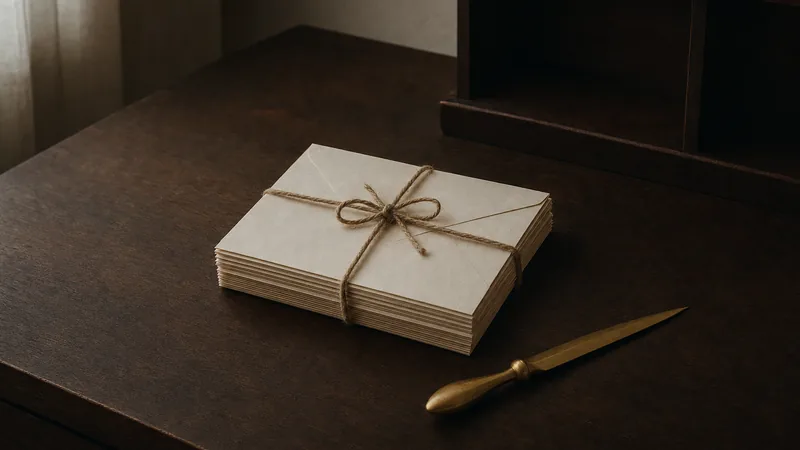 Stapel gleicher Briefumschläge mit Kordel gebündelt neben einem Brieföffner aus Messing