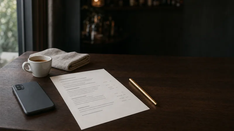 Gedruckte Speisekarte auf einem dunklen Holztresen neben einem Smartphone, einer Espressotasse und einem Messingstift