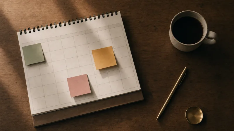 Tischkalender mit leerem Raster und bunten Haftnotizen ohne Text neben einem Stift und einer Kaffeetasse