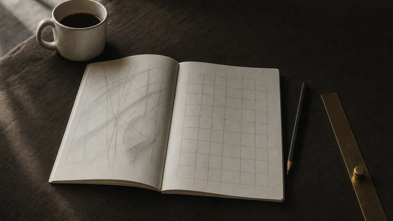 Aufgeschlagenes Notizbuch mit leerem, von Hand gezeichnetem Raster, daneben Bleistift und Kaffeetasse auf dunklem Leinen