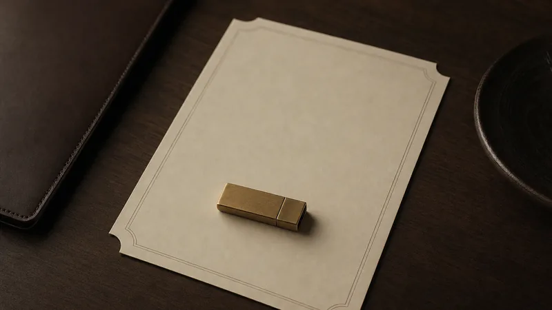 Kleiner Messing-USB-Stick auf einer leeren Speisekarte auf einem dunklen Nussbaumschreibtisch