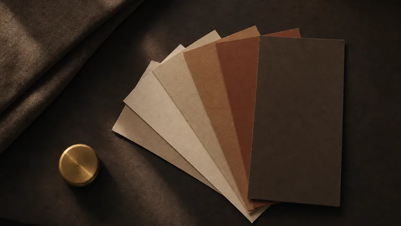 Farben für die Speisekarte Aufgefächerte Papierfarbmuster in warmen Tönen auf einem dunklen Schreibtisch