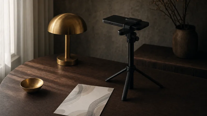 Speisekarte abfotografieren Smartphone auf einem kleinen Stativ neben einer gedruckten Karte auf einem Holztisch