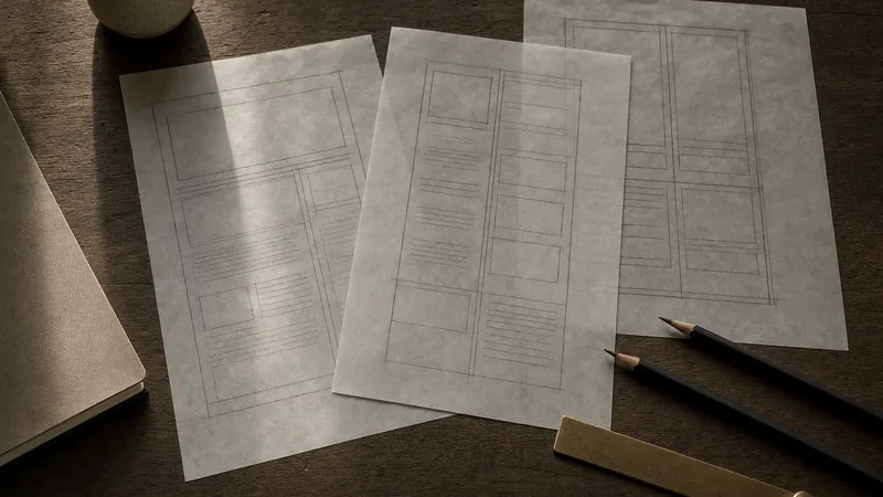 Speisekarte gestalten Handgezeichnete Layout-Skizzen aus Kästchen und Linien auf Transparentpapier mit Bleistiften