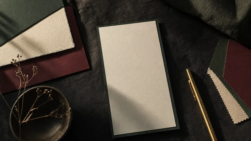 Speisekarte im eigenen Design Farbmuster in Dunkelgrün, Creme und Bordeaux neben einem leeren Speisekarten-Entwurf und einem Messingstift