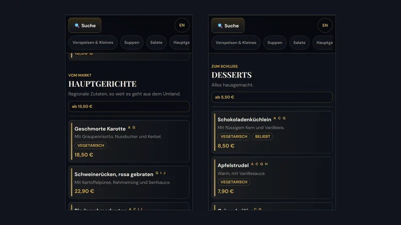 Handy-Ansicht der Hauptgerichte mit Preisen, Allergen-Kennbuchstaben und Vegetarisch-Hinweis, daneben die Desserts der Beispielkarte