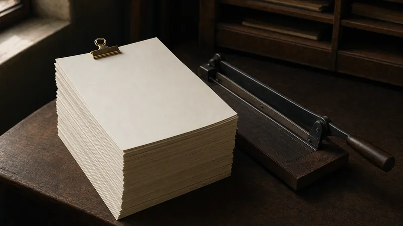 Hoher Stapel frisch gedruckter, leerer Speisekarten neben einer Papierschneidemaschine auf einem dunklen Holztresen