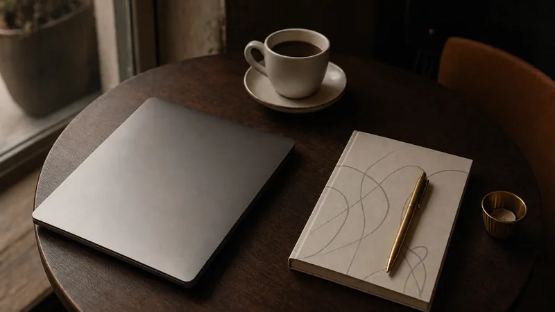 Zugeklappter Laptop, Kaffeetasse und Notizbuch mit Linien auf einem Cafétisch