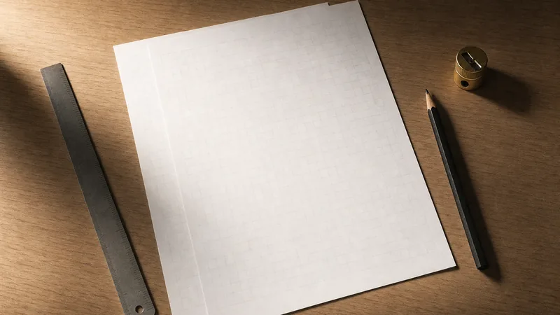 Speisekarten-Vorlage Leere A4-Blätter mit feinen Rasterlinien, Lineal, Bleistift und Anspitzer auf einem Eichentisch
