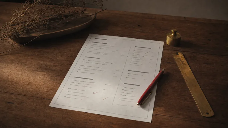 Ausgedruckter Speisekarten-Entwurf mit roten Prüfhaken, daneben ein roter Stift und ein Lineal