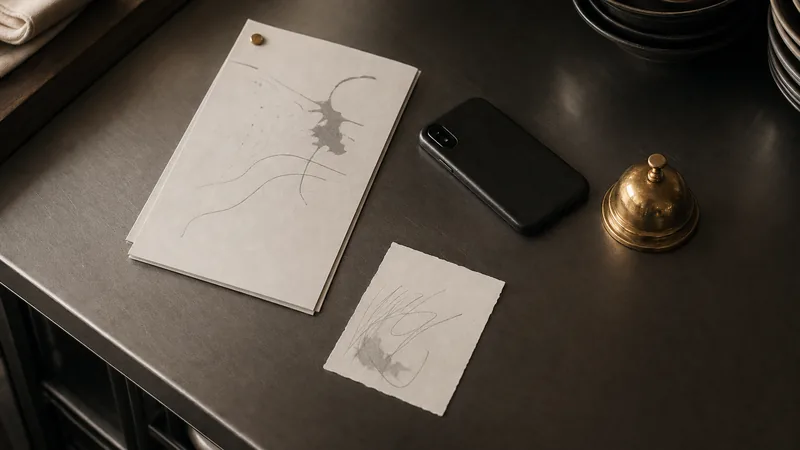 Alternative zu SpeisekarteX Ausgedruckte Speisekarte mit Notizzettel auf einem Edelstahl-Küchenpass neben einem umgedrehten Smartphone