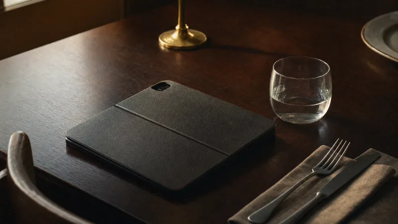 Tablet in Lederhülle mit dem Bildschirm nach unten auf einem Restauranttisch neben Besteck