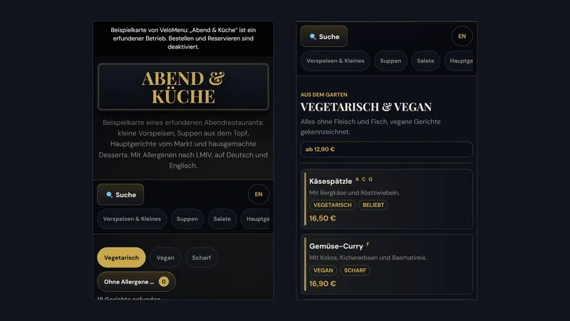 Digitale Speisekarte mit aktivem Filter Vegetarisch, daneben die Kategorie Vegetarisch und vegan mit Käsespätzle, Gemüse-Curry und Pilzragout