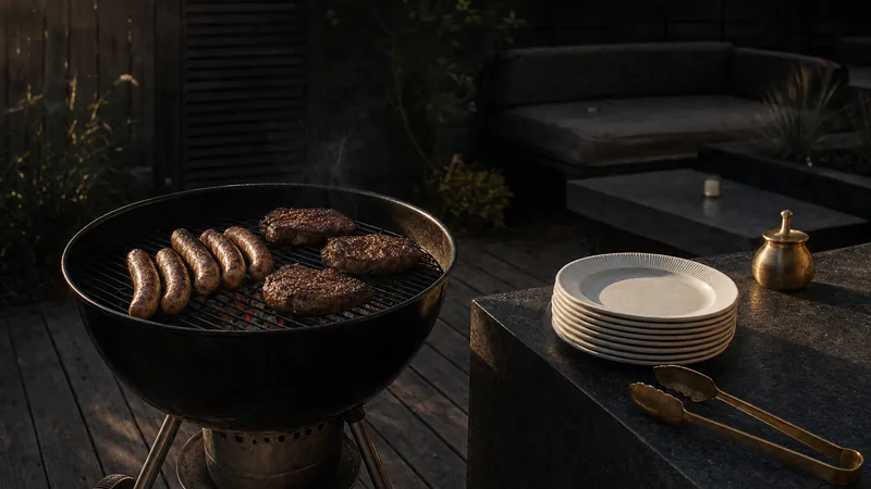 Speisekarte fürs Vereinsfest Holzkohlegrill mit Bratwürsten und Steaks bei einem Vereinsfest, daneben Pappteller
