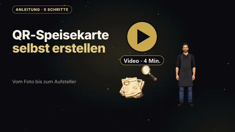 Video-Anleitung: QR-Speisekarte selbst erstellen in 5 Schritten Titelbild der Video-Anleitung „QR-Speisekarte selbst erstellen“ mit Abspielknopf, Papierkarte, Lupe und dem gezeichneten VeloMenu-Wirt