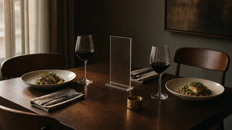 Vorteile der digitalen Speisekarte Restauranttisch beim Abendessen mit zwei Tellern, Weingläsern und einem leeren Acryl-Aufsteller