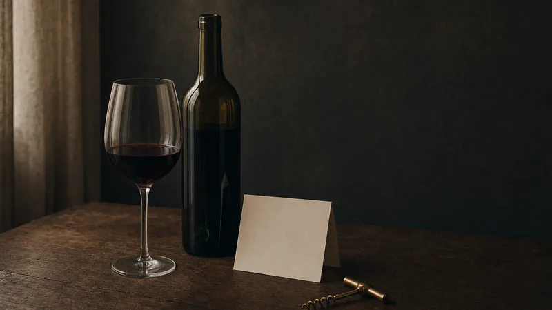 Glas Rotwein neben einer entkorkten Flasche ohne Etikett und einem Korkenzieher aus Messing