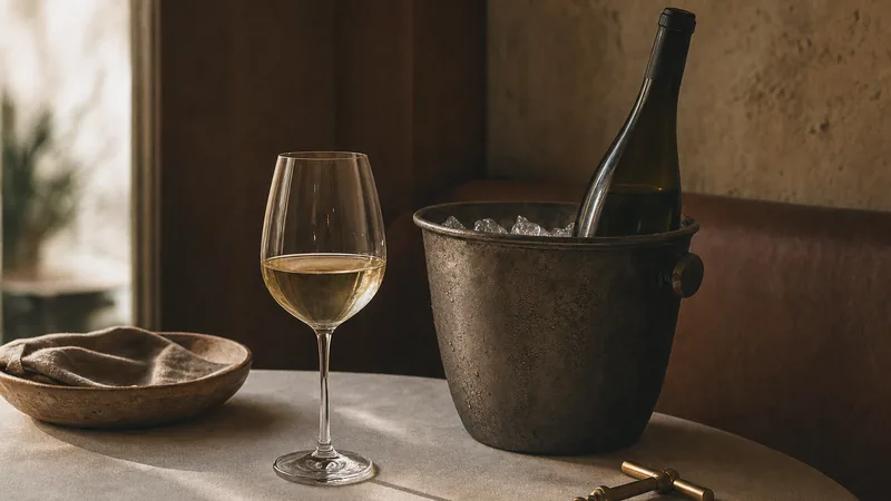 Glas Weißwein und eine Flasche ohne Etikett im Eiskübel auf einem Restauranttisch