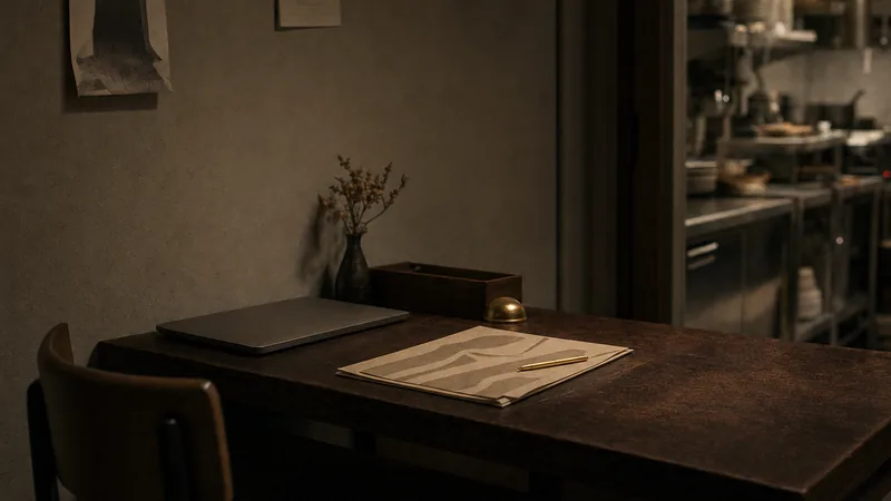 Alternative zu Yumzi Schreibtisch im Hinterzimmer eines Restaurants mit zugeklapptem Laptop und einer ausgedruckten Speisekarte