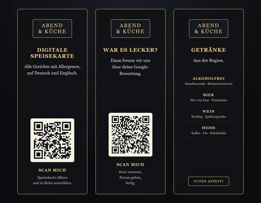 Premium-Prisma-Tischaufsteller für die Beispielkarte Abend & Küche: drei Seiten mit QR-Code zur Speisekarte, QR-Code zur Google-Bewertung und Getränkeübersicht