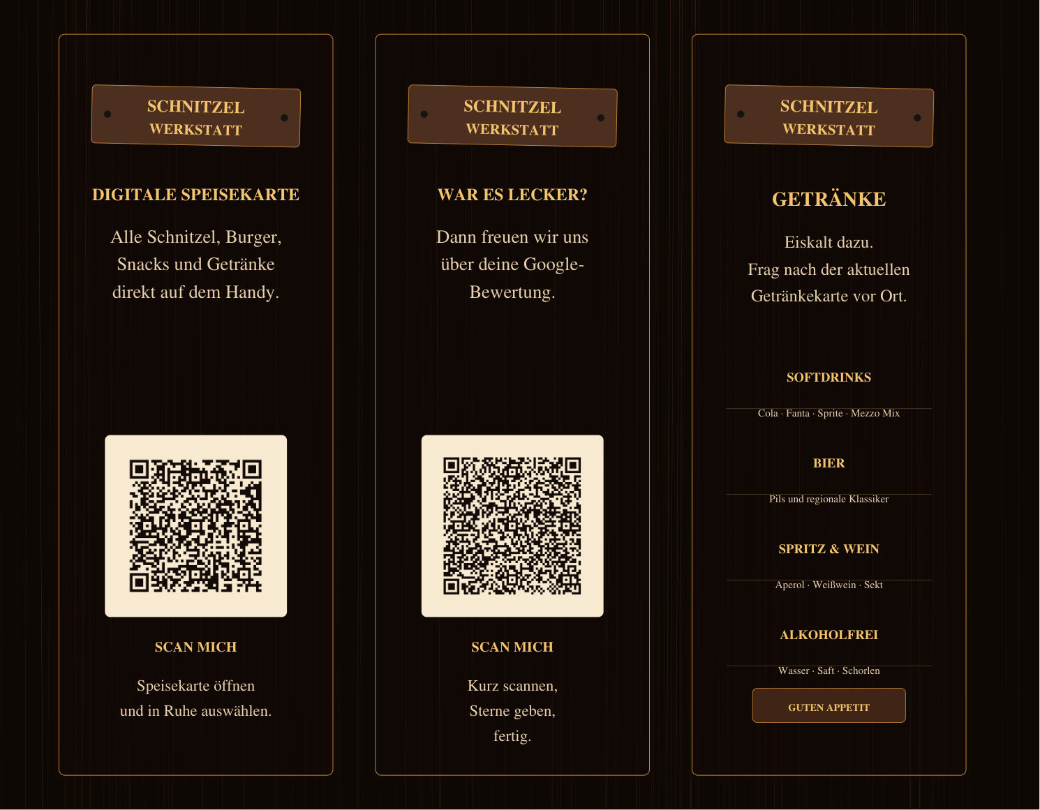 Premium-Prisma-Tischaufsteller im Kundendesign: drei Seiten mit QR-Code zur Speisekarte, QR-Code zur Google-Bewertung und Getränkeübersicht